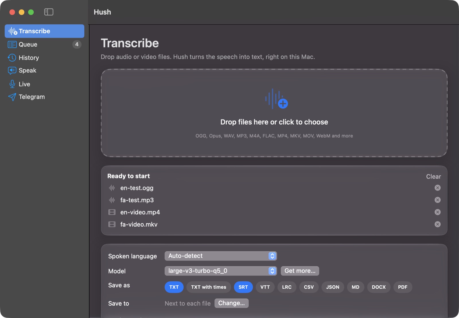 The Hush window: drop files to transcribe, choose language, model and output formats