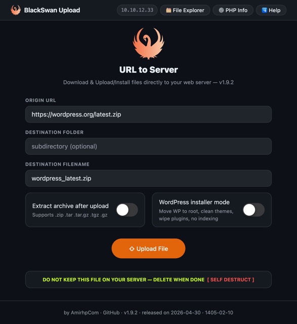 Screenshot of the upload.php interface showing the upload form, progress bar, and file browser popup.